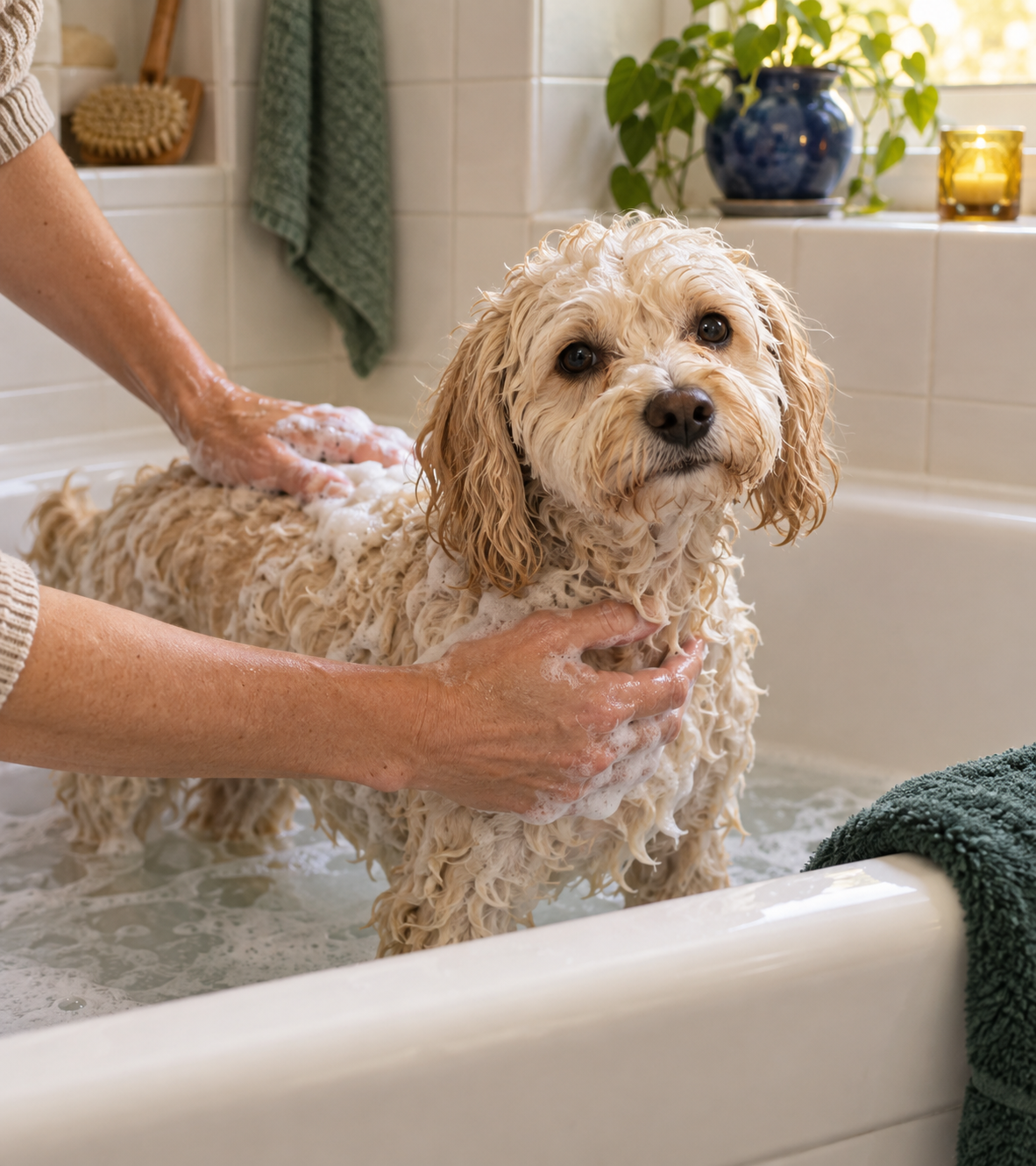 A small dog being gently washed in a built-in bath at home